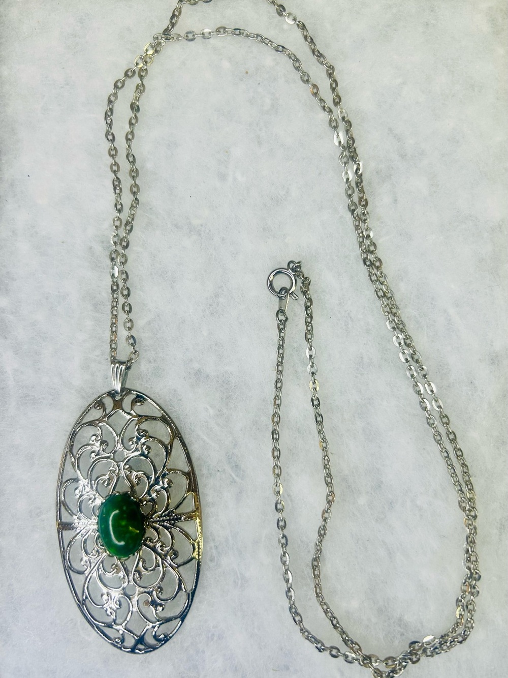 Vintage Silver Tone Filigree Pendant Necklace with Green Cabochon (c. 1968–1972)